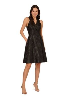 Adrianna Papell Black Sleeveless V-Neck Jacquard Midi Dress